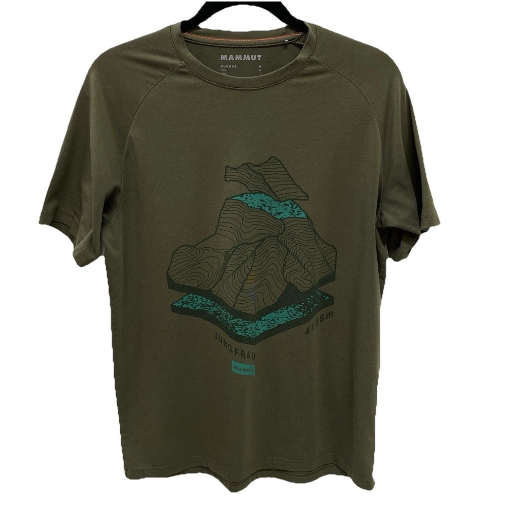 Mammut Jungfrau T-Shirt Topographic 4158m Mens M Green Graphic Tee Short Sleeve